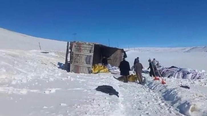 Erzurum'da yem yüklü kamyon devrildi: Sürücü kazayı yara almadan atlattı