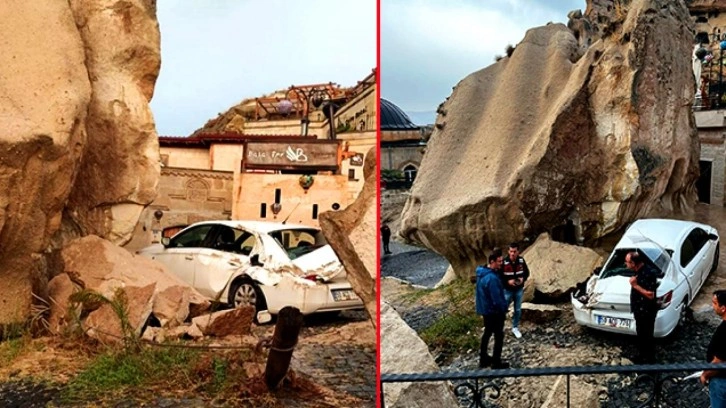 Kapadokya sele teslim oldu! Peribacalarından kopan kaya parçaları peş peşe düştü