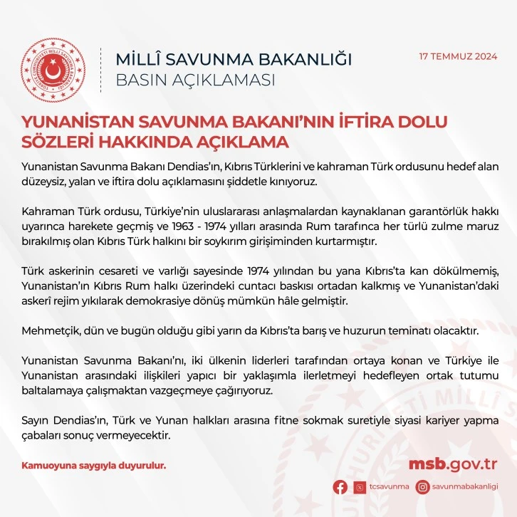 Milli Savunma Bakanlığından Açıklama...