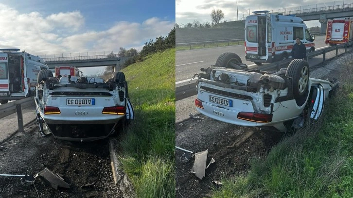 Otoyolda feci kaza! Lüks otomobil takla attı, yoldan çıktı!