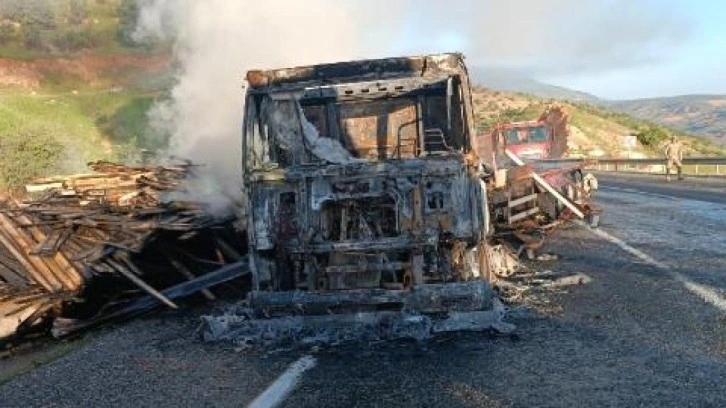 Seyir halinde alev alan kereste yüklü TIR, yandı