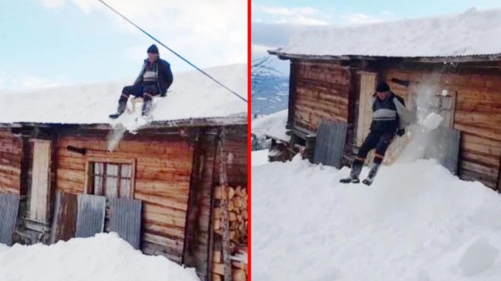 Yolda kaymaktan sıkılan dede ve torunu soluğu evin çatısında aldı