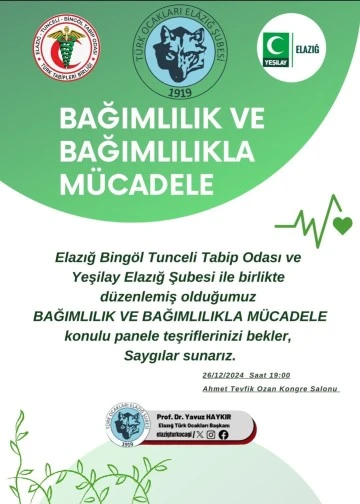 Elazığ Bingöl Tunceli Tabip Odası ve Yeşilay Elazığ Şubesi İle Birlikte Bağımlılık ve Bağımlılıkla Mücadele konulu Panele Davetlisiniz. 