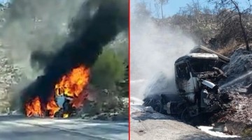 Şarampole uçan kamyon alev aldı! Sürücünün cansız bedeni, yangın söndükten sonra bulundu