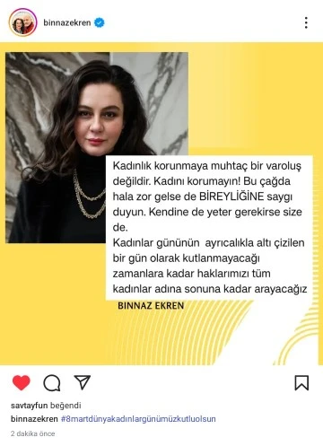 Ünlü Oyuncu Binnaz EKREN 8 Mart Dünya Kadınlar Günü Mesajı